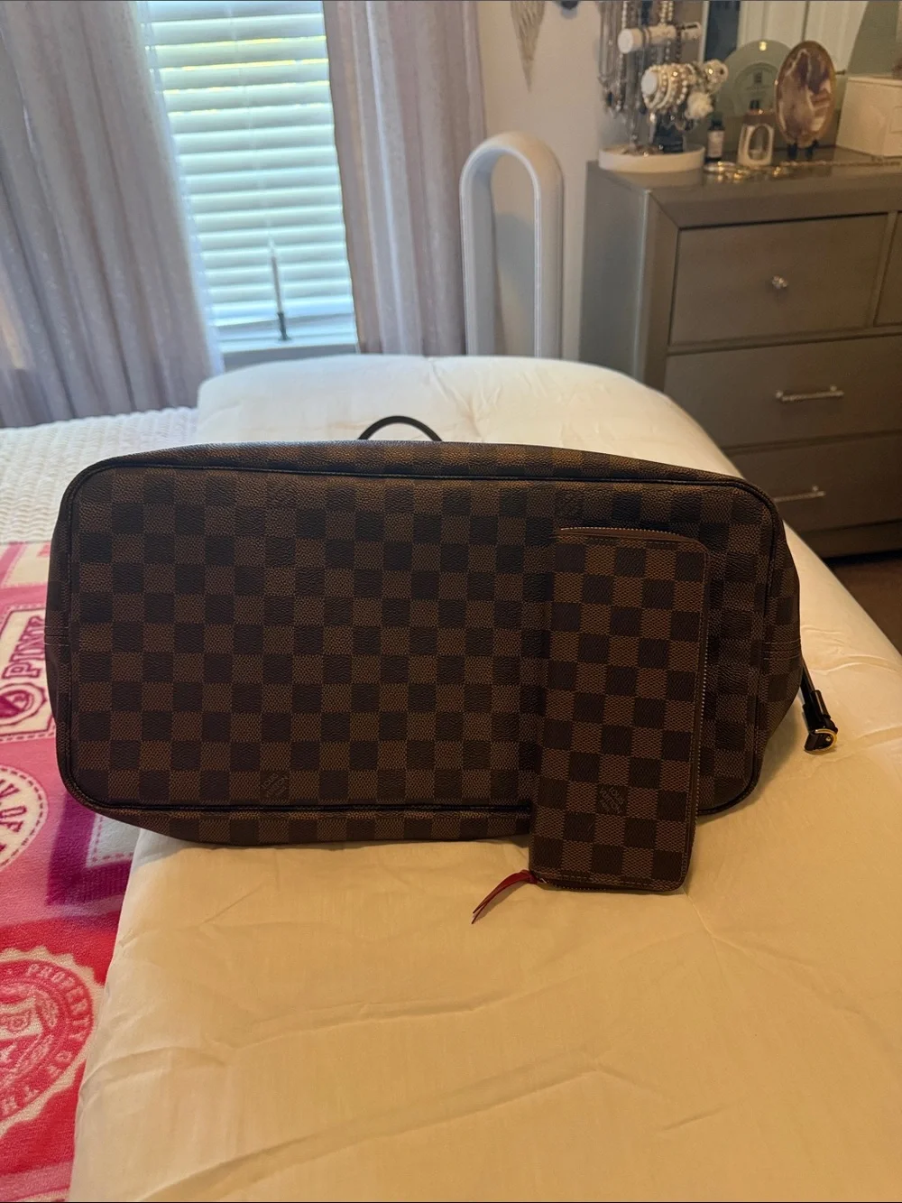 Designer-Style Brown Checkered Tote with Matching Wallet